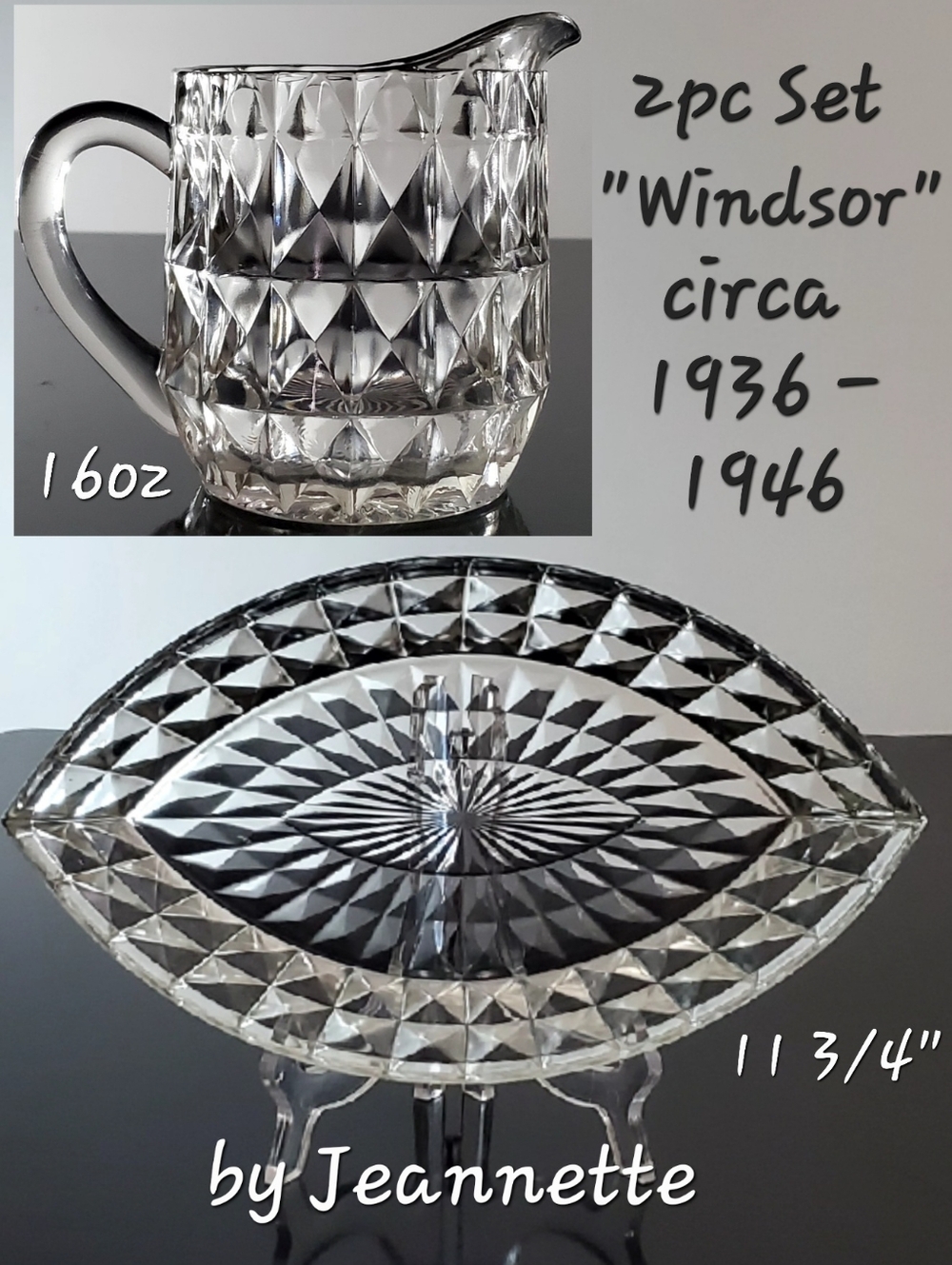 2pc Vntg Windsor Clear Glass 16oz Pitcher & 11 3/4" Boat 1936-1946